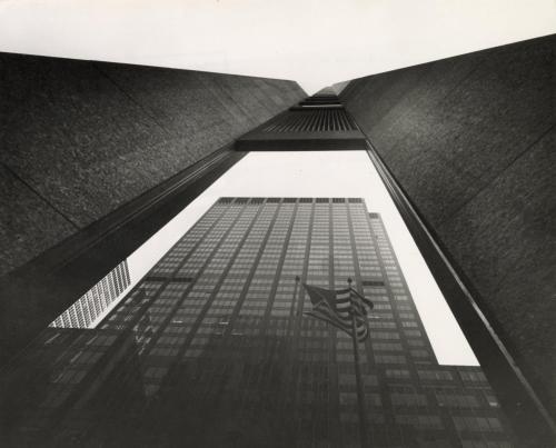 Reflection of American flag in the CBS building, New York City