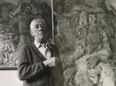 Portrait of Austrian artist Oskar Kokoschka standing beside his most recent painting Herodot