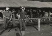 Two cowboys in front of stabled horses, Sterling, Colorado