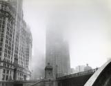 Tribune Tower, Wrigley Building, and Michigan Avenue Bridge in fog, Chicago