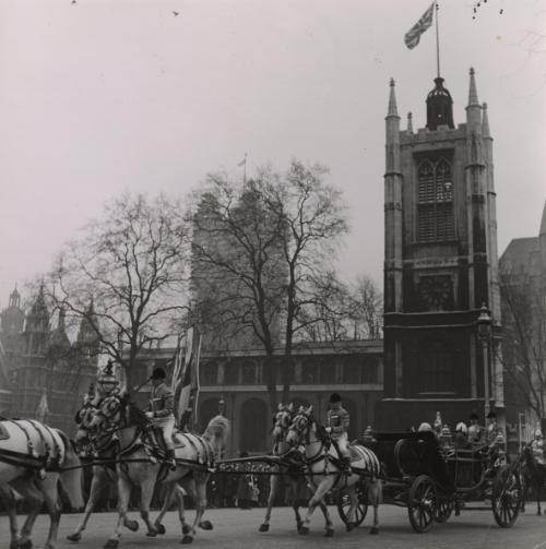 Arrival of the President of the Republic of France Albert Lebrun in London: The first carriage passes by Westminster Abbey, London