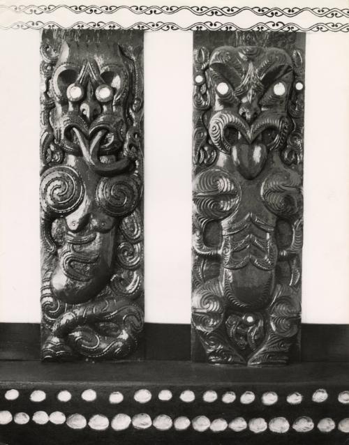 Detail of Maori wood carvings on ornate building, New Zealand