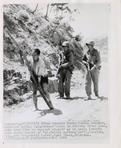Unhappy Red: a wounded North Korean soldier captured during U.S. Marines' drive in Naktong River area, uses tree limb to support himself as he heads towards rear under escort of Pvt, Marvin A. Penny (left), Houston, Texas, and Pfc. Donald E. West, Pond Creek, Oklahoma.
