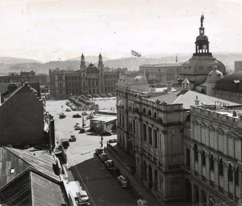 South Africa: view of government quarter in Pretoria, Union of South Africa, with Supreme Court shown in background.