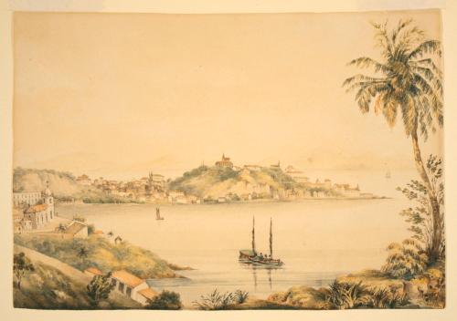 Untitled [harbor, church or mission and town on hills]