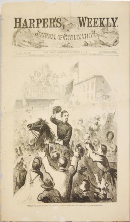 General McClellan Entering the Town of Frederick, Maryland: the Popular Welcome, from "Harper's Weekly"