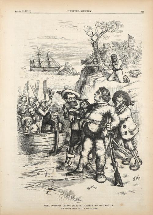 Will Robinson Crusoe (Sumner) Forsake His Man Friday?, from Harper's Weekly