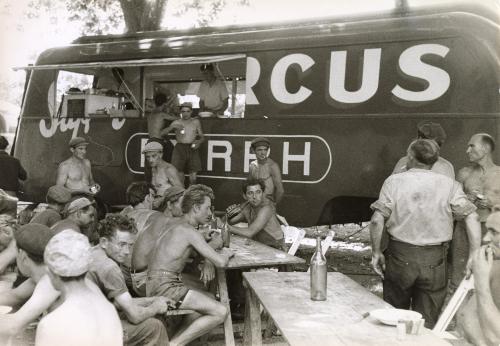 Traveling Circus Workers Getting Food from Food Truck, Marseille, France