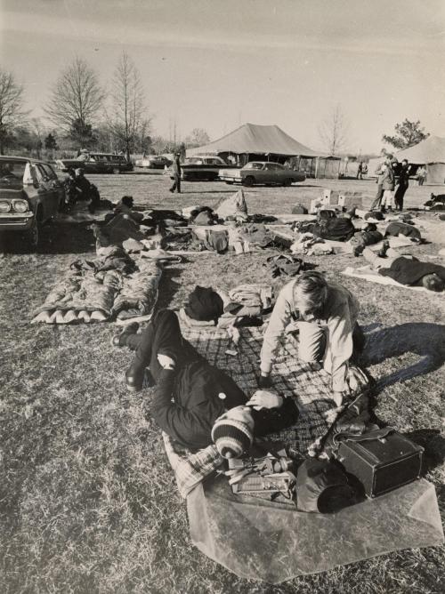 Selma to Montgomery March: right-to-vote camp site. No guardsmen are in evidence. But they are all around - watching.