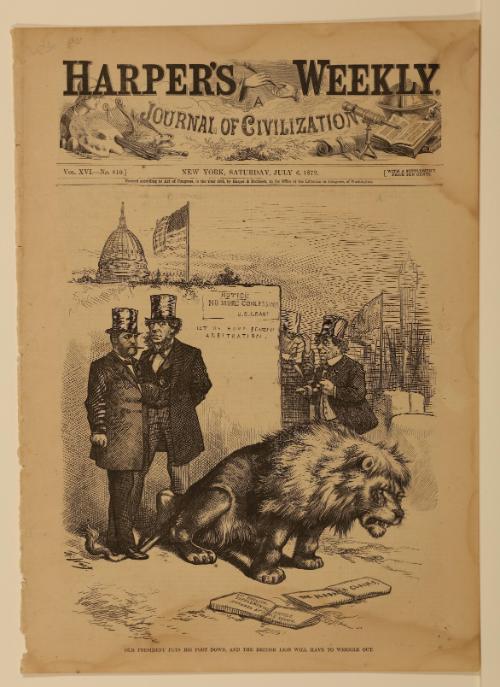 Our President Puts his foot Down, and the British Lion Will Have to Wriggle Out, from "Harper's Weekly"