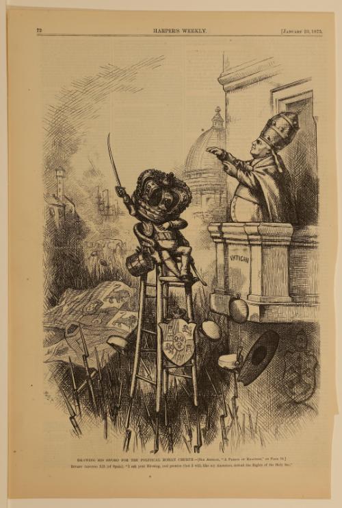Drawing His Sword for the Political Roman Church, from "Harper's Weekly"