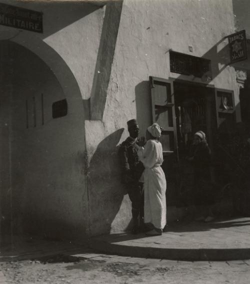 Street scene with prostitutes and French sailors in the streets of Bousbir (Fortified enclosure of Casablanca, built to accommodate the "quarter reserved" for prostitution of the city. When Morocco became a French protectorate by the Treaty of Fez in 1912