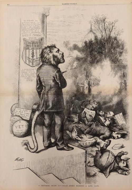 A General Blow-up: Dead Asses Kicking a Live Lion, from "Harper's Weekly"