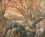 Untitled (a view of a church and a landscape with owls)