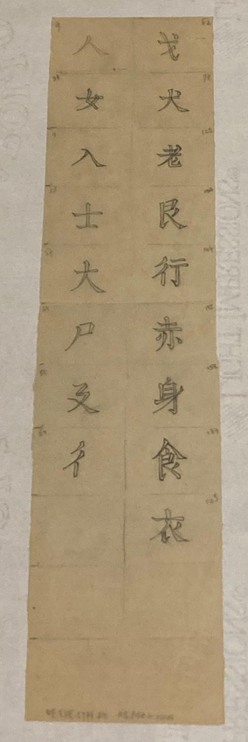 Chinese characters: person/people, woman, enter, soldier/bachelor/scholar, big, corpse, long stride, step with left foot, dagger-axe, dog, old, blunt/tough, behavior, red, body, food, and clothes