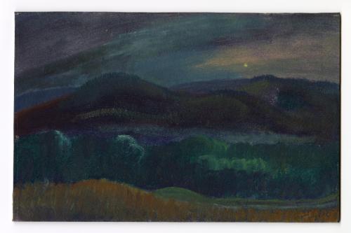 (dark blue and green landscape with moon)