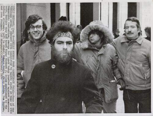 Chilly Recess From Conspiracy Trial: Four of the "Chicago Seven," charged with conspiracay to incite riots at time of 1968 Democratic Convention, emerge for lunch today bundled against near-zero cold. Earlier they had heard Mayor Richard J. Daley questioned by the defense attorney. Left to right: Rennie Davis, Jerry Rubin, TOm Hayden, and John Froines, Chicago.