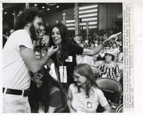 Jerry Rubin conducts a tape interview with Marlo Thomas, daughter of Danny Thomas and a member of the California delegation, as the opening session of the Democratic Convention got under way, Miami Beach.