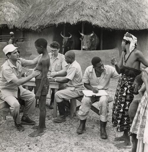 UNICEF doctors examine patients in front of a barn housing oxen, Nigeria, Africa, 1967-70