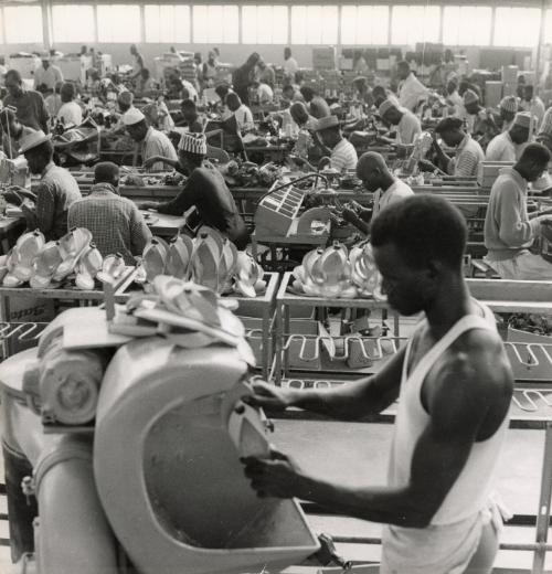 Male workers in a sandal factory, Africa, c. 1960