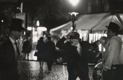 Men wearing top hats Statue, traditional student festival "Rougevin" held by students from the École des Beaux-Arts, Paris, France, 1964