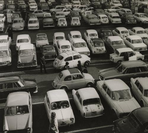 Crowded parking lot, Italy, 1953