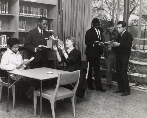 University students in the library, likely Spain, 1950s