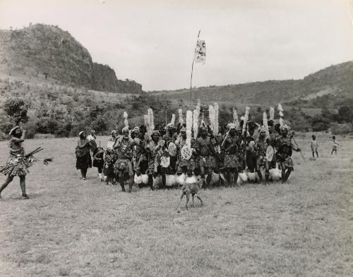 Zulu warriors posing for a group portrait, South Africa, 1953