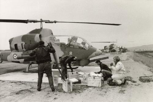 Iran's Airforce consists of 340 planes and 100,000 men. According to the last report of the U.S. military attaché in Tehran, it too is inoperational for lack of spare parts and maintenance. Cobra helicopters at the Isfahan base. There are no more American technicians to maintain them in good condition, November 1977