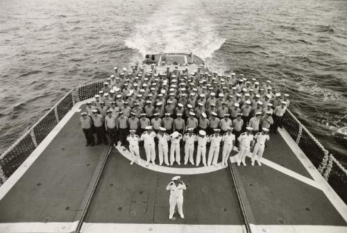 The Iranian Navy: 22,000 men, 3 destroyers, 4 frigates, 4 corvettes, 5 patrol boats, 5 dredgers, 2 landing craft, 14 hovercraft, 1 submarine. Because of a lack of spare parts, the navy is said to take apart certain ships in order to repair others, according to the U.S. military attaché in Tehran. Portrait of the Palang's crew, February 1978