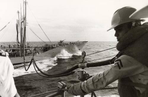 The Iranian Navy: 22,000 men, 3 destroyers, 4 frigates, 4 corvettes, 5 patrol boats, 5 dredgers, 2 landing craft, 14 hovercraft, 1 submarine. Because of a lack of spare parts, the navy is said to take apart certain ships in order to repair others, according to the U.S. military attaché in Tehran. Bandar Abbas provisions the Palang on the high seas, February 1978