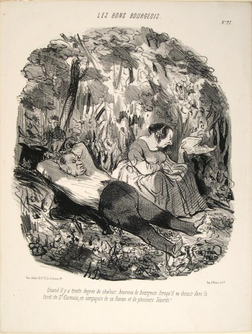 Quand il y a trente degrés de chaleur, heureux le bourgeois lorsqu’il va dormir dans la forêt de St. Germain, en compagnie de sa femme et de plusieurs lézards! (When there is thirty degrees of heat, happy is the bourgeois man who goes to sleep in the forest of St. Germain, in the company of his wife and many lizards!), no. 27 from the series "Les Bons Bourgeois (The Happy Middle Class)"